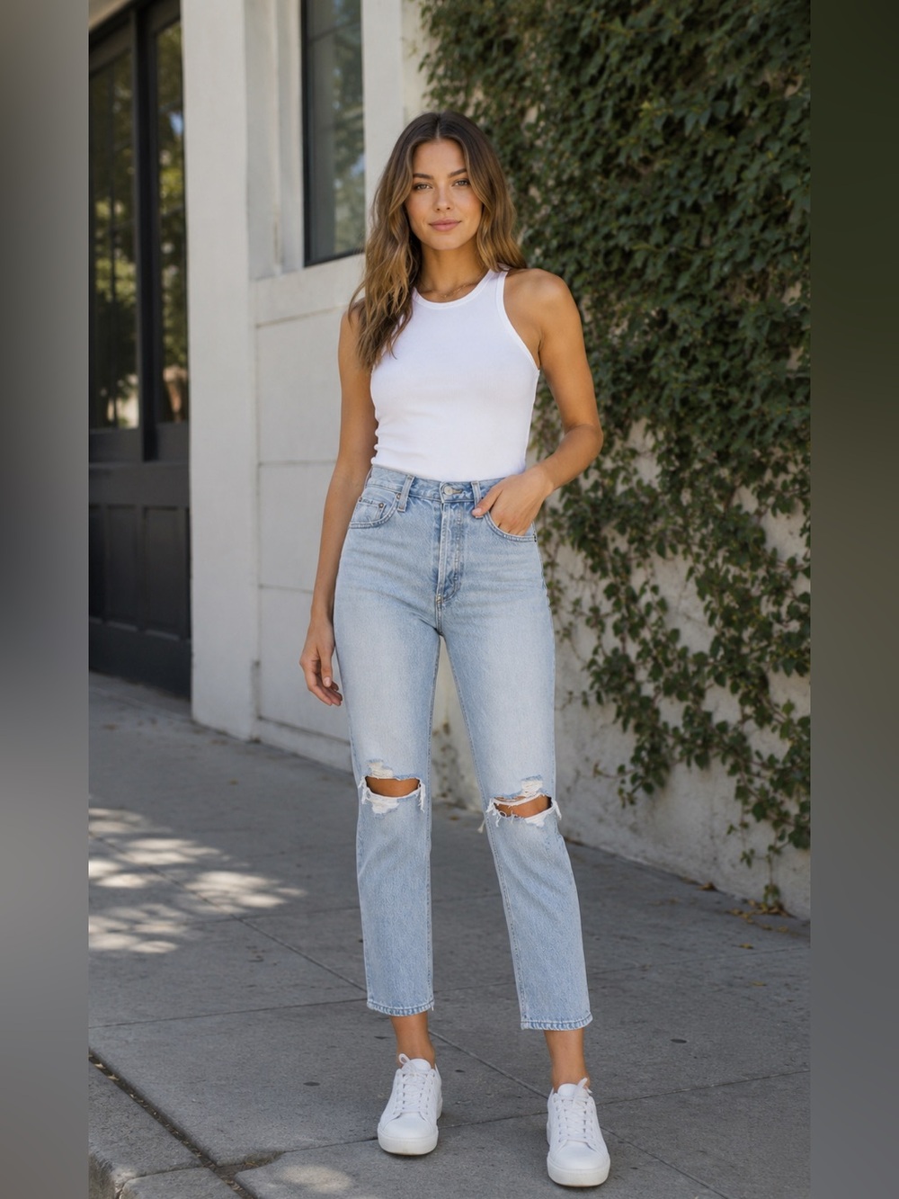 Agolde Riley High Rise Straight Crop Distressed Ripped Knee Jeans